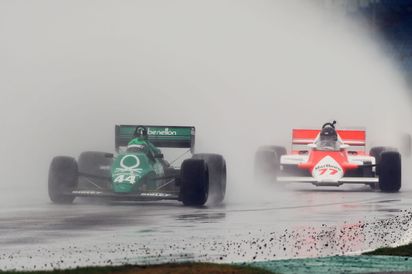 Martin Stretton (Tyrrell 012) heads the McLaren MP4/1 of Steve Hartley